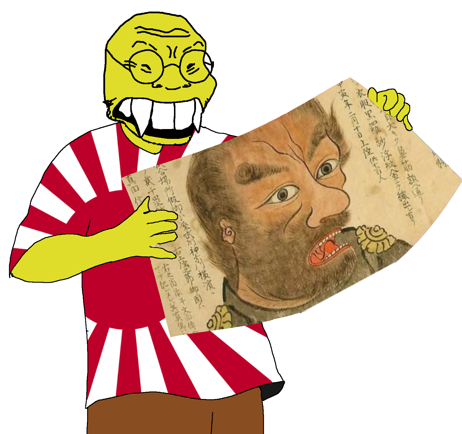 soykio kid, amerimutt, 19th century, drawing, fangs, glasses, japan, japanese text, nip, open mouth