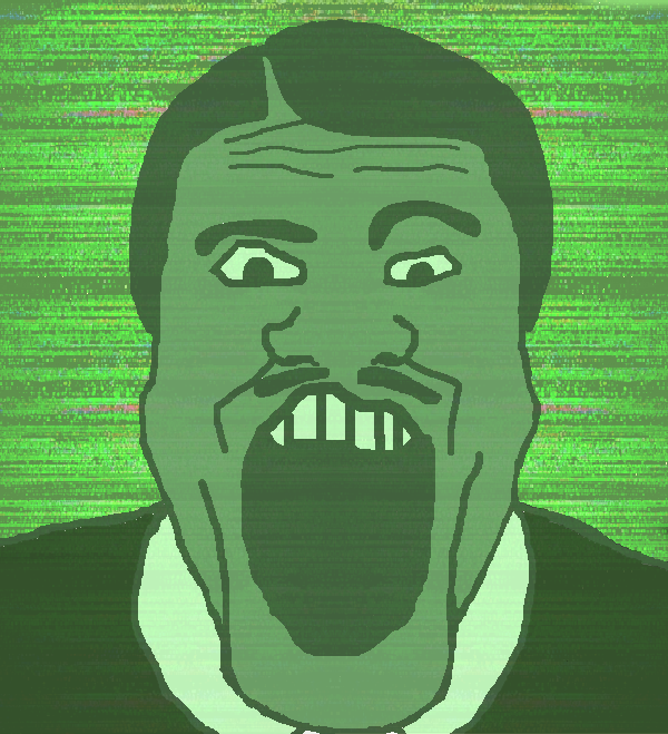 markiplier soyjak, clothes, fallout new vegas, green skin, hair, house, looking at you, mr house, mustache, no beard