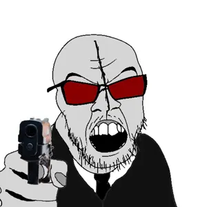 feraljak, angry, clothes, firearm, glasses, gray skin, gun, hands, holding gun, holding object