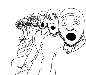 line o' soys, angry, arm, clothes, glasses, hands, multiple soyjaks, oekaki, soyjak, stubble