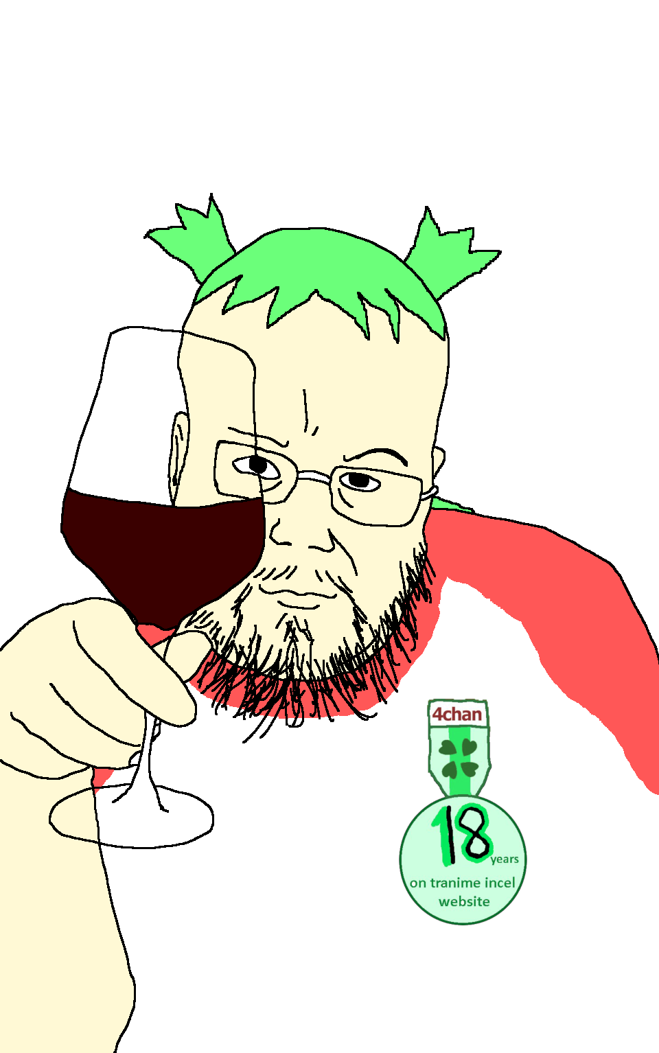 toastjak, 4chan, 4cuck, alcohol, anime, arm, badge, cheers, closed mouth, clothes