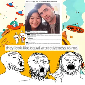 unknown, 3soyjaks, arm, aunty donna, glasses, hair, hands, incel, looksmatched, open mouth