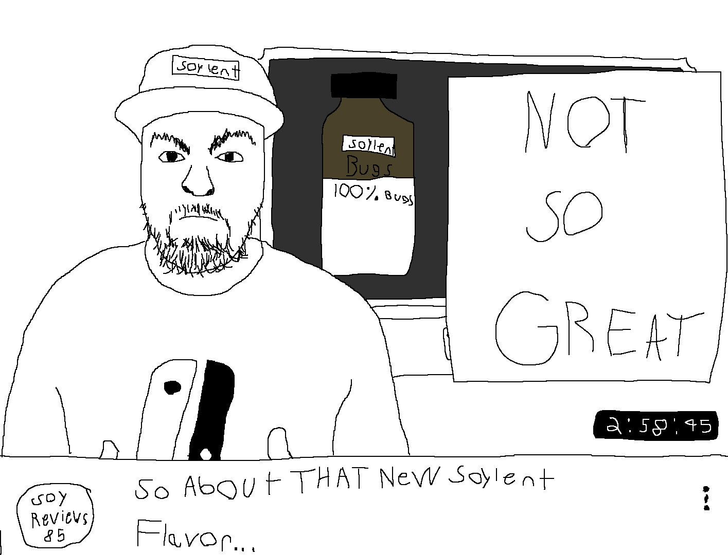 soyreviews85, angry, animal, baseball cap, bottle, bug, cap, closed mouth, clothes, drink