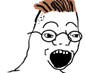 zoomer, brown hair, glasses, hair, open mouth, soyjak, uncolored skin, zoomer