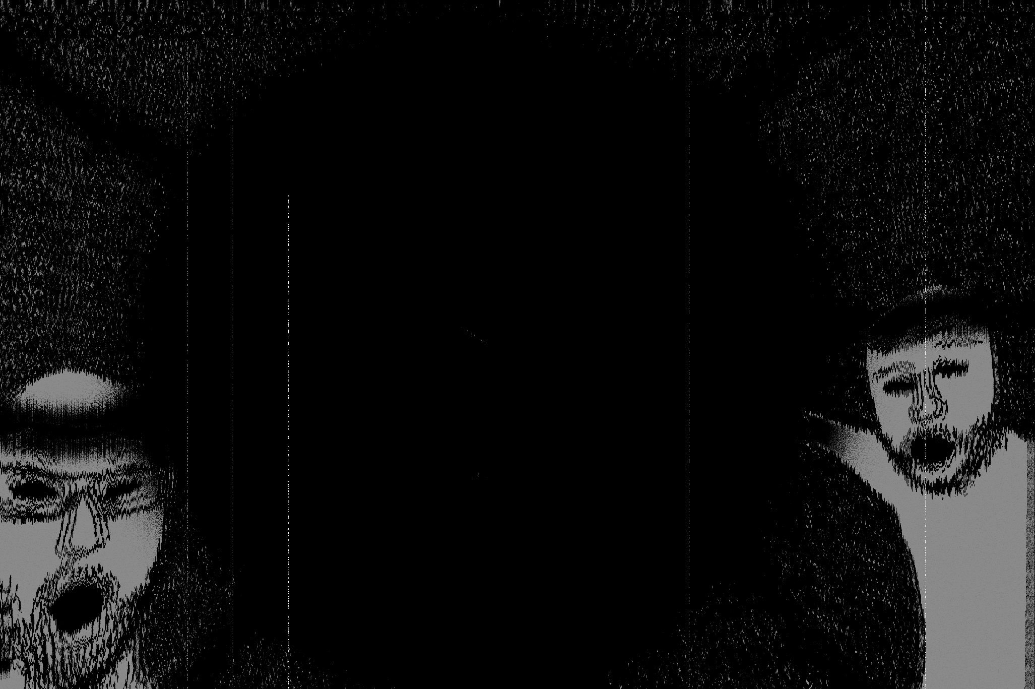 two pointing soyjaks, antimatter, bald, black and white, black hole, black sclera, distorted, glasses, glitch, hallucination