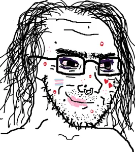 soyak, soyak (smug), remastered soyjaks, acne, closed mouth, glasses, hair, makeup, nose piercing, smile