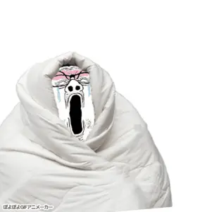 reaction soyjak, animated, blanket, blush, closed eyes, comfy, crying, glasses, open mouth, poyopoyo