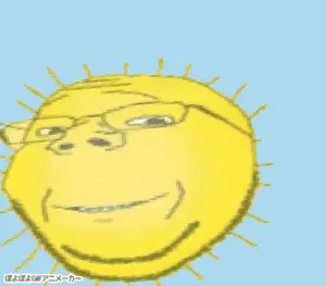 gapejak, wholesome soyjak, animated, glasses, japanese text, poyopoyo, poyunpoyun, smile, soyjak, stubble
