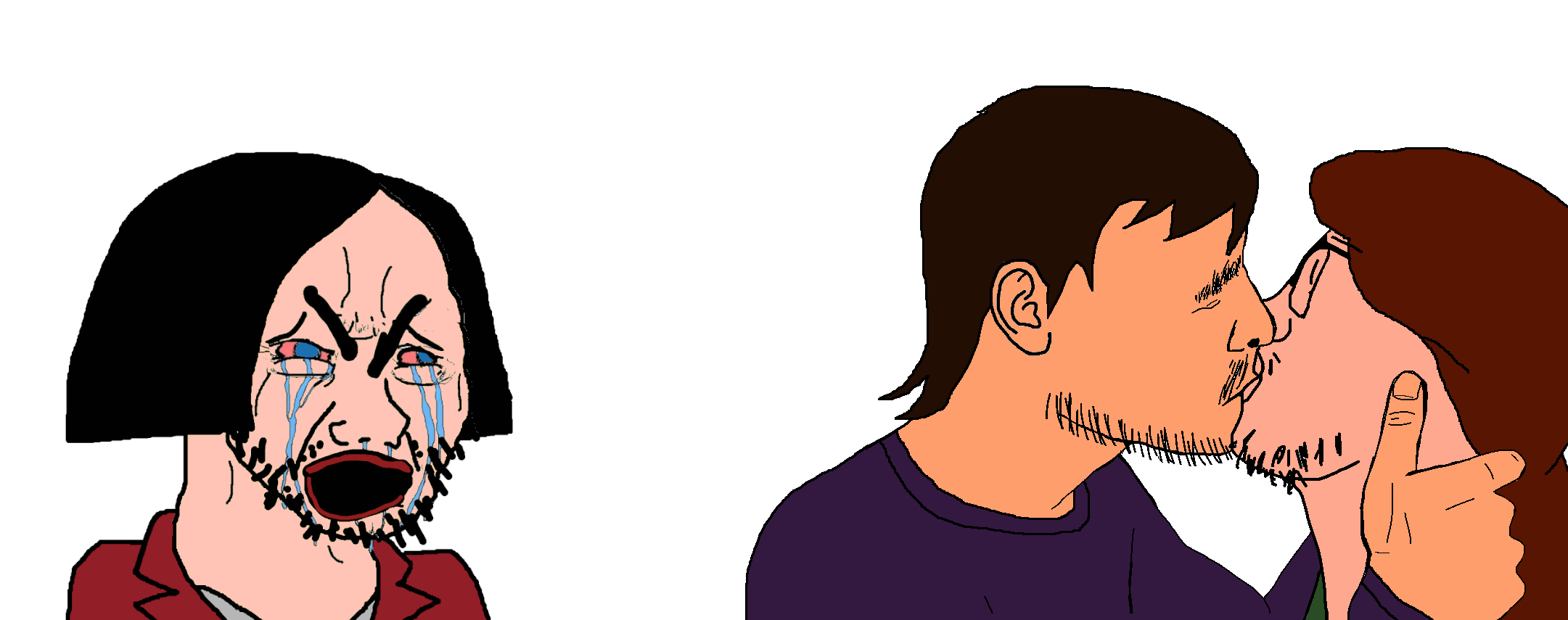 cryboy soyjak, fisheyejak, flartson, 3soyjaks, bloodshot eyes, blue eyes, blue shirt, crying, cuck, daria