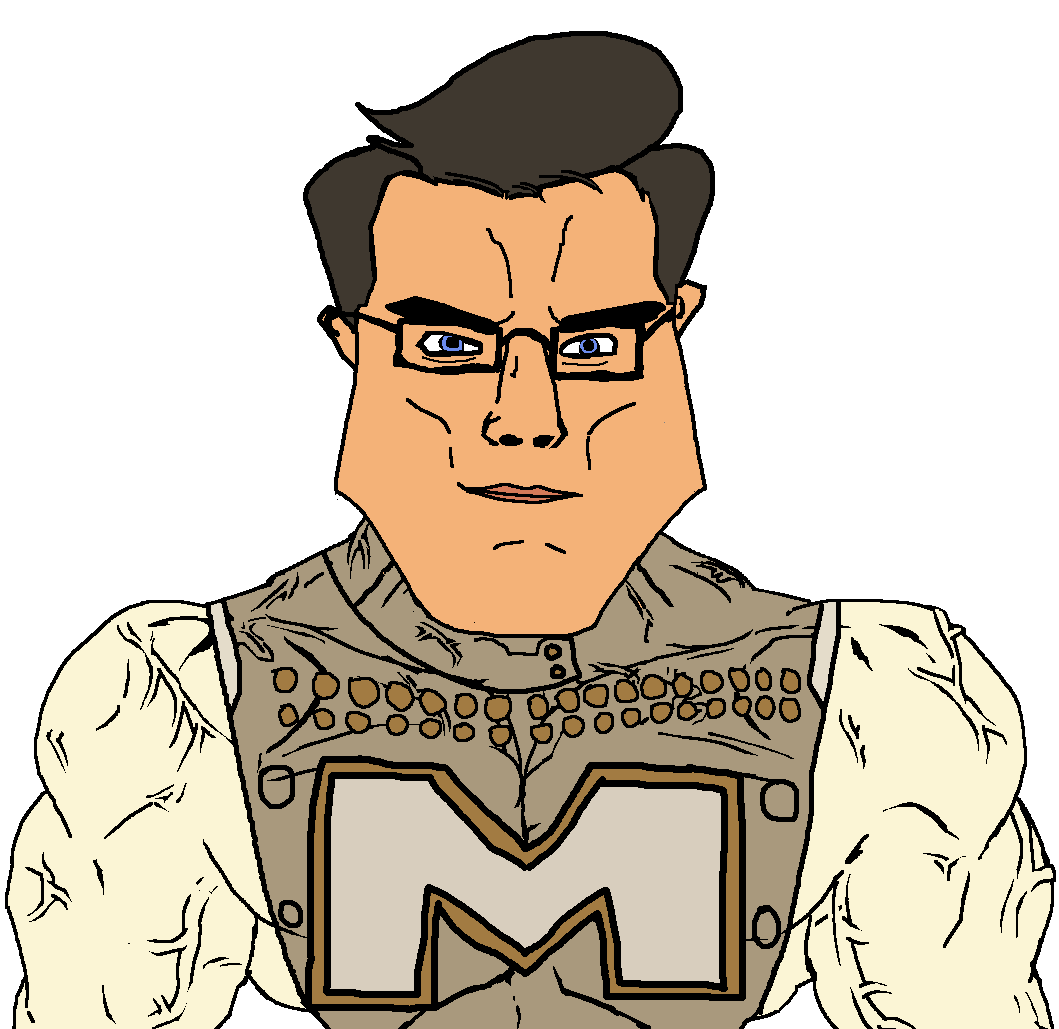 metro man, chudjak, chudjak front, muscular chud, big head, blue eyes, buff, bushy eyebrows, button, cape