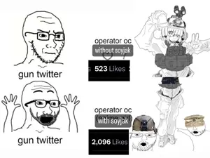 excited soyjak, soyak, two pointing soyjaks, glasses, gun, operator oc, stubble, uncolored skin, weapon