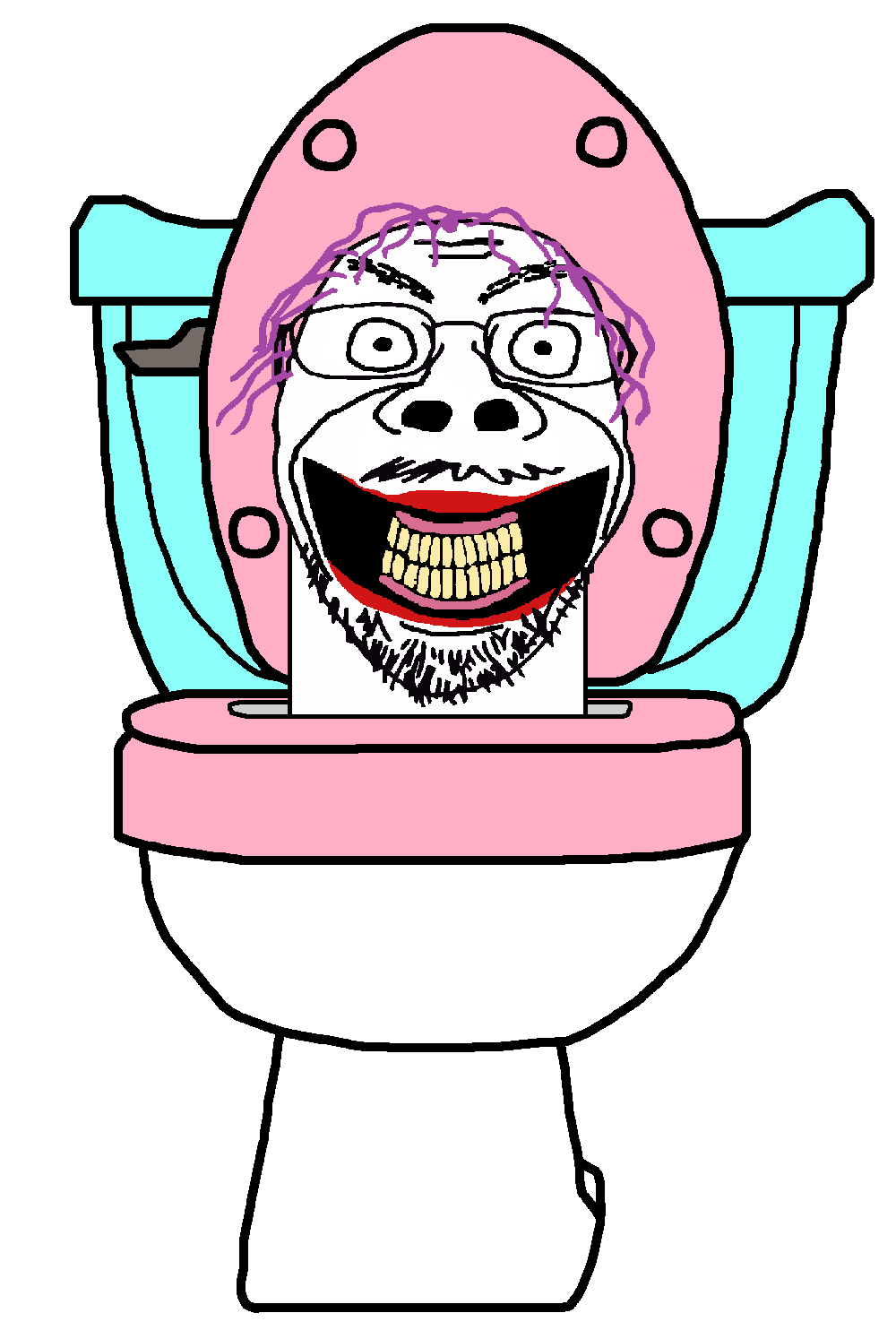 alicia, skibidi soyjaks, closed mouth, glasses, gums, hair, happy, lipstick, open mouth, pink hair