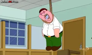 peter griffin, cobson, ack, anime, bloodshot eyes, blue tongue, cartoon, hanging, screenshot, tear