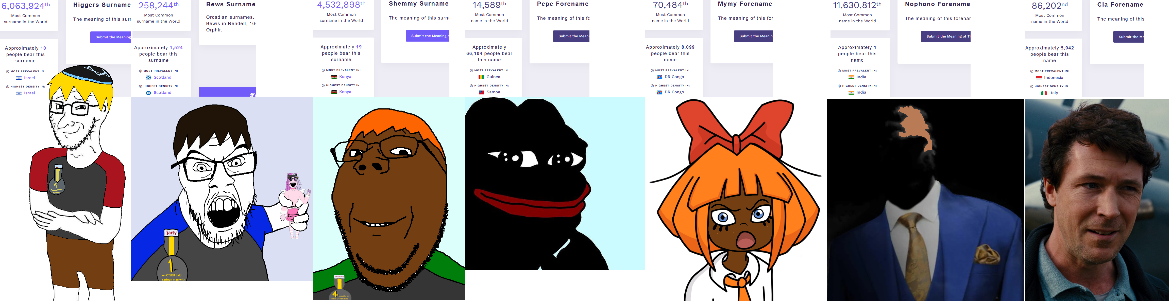 bane, gigachad, jake, mymy schoppenboer, nate higgers, nophono, pepe, sean, soytan, feraljak