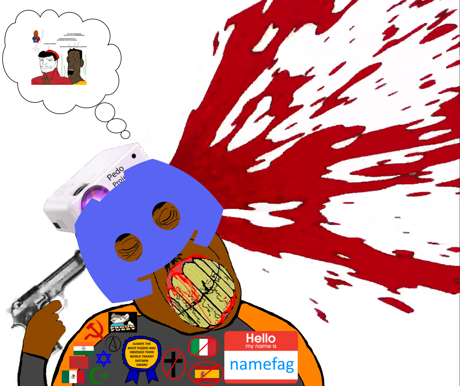 chudjak, patrick, ack, atheism, award, blood, brown skin, christianity, closed eyes, discord