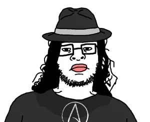 skajyosjak, atheism, atheistcuck, clothes, fedora, glasses, gray shirt, hair, hat, long hair