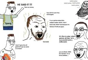 soyak, zoomer, arm, balding, beard, closed mouth, eating, fat, glasses, hair