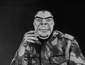 cobson, beard, black and white, cigarette, closed mouth, clothes, der lachende mann, front view, glasses, holding object
