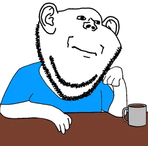 impish soyak ears, beard, blue shirt, closed mouth, coffee, drink, t shirt, table