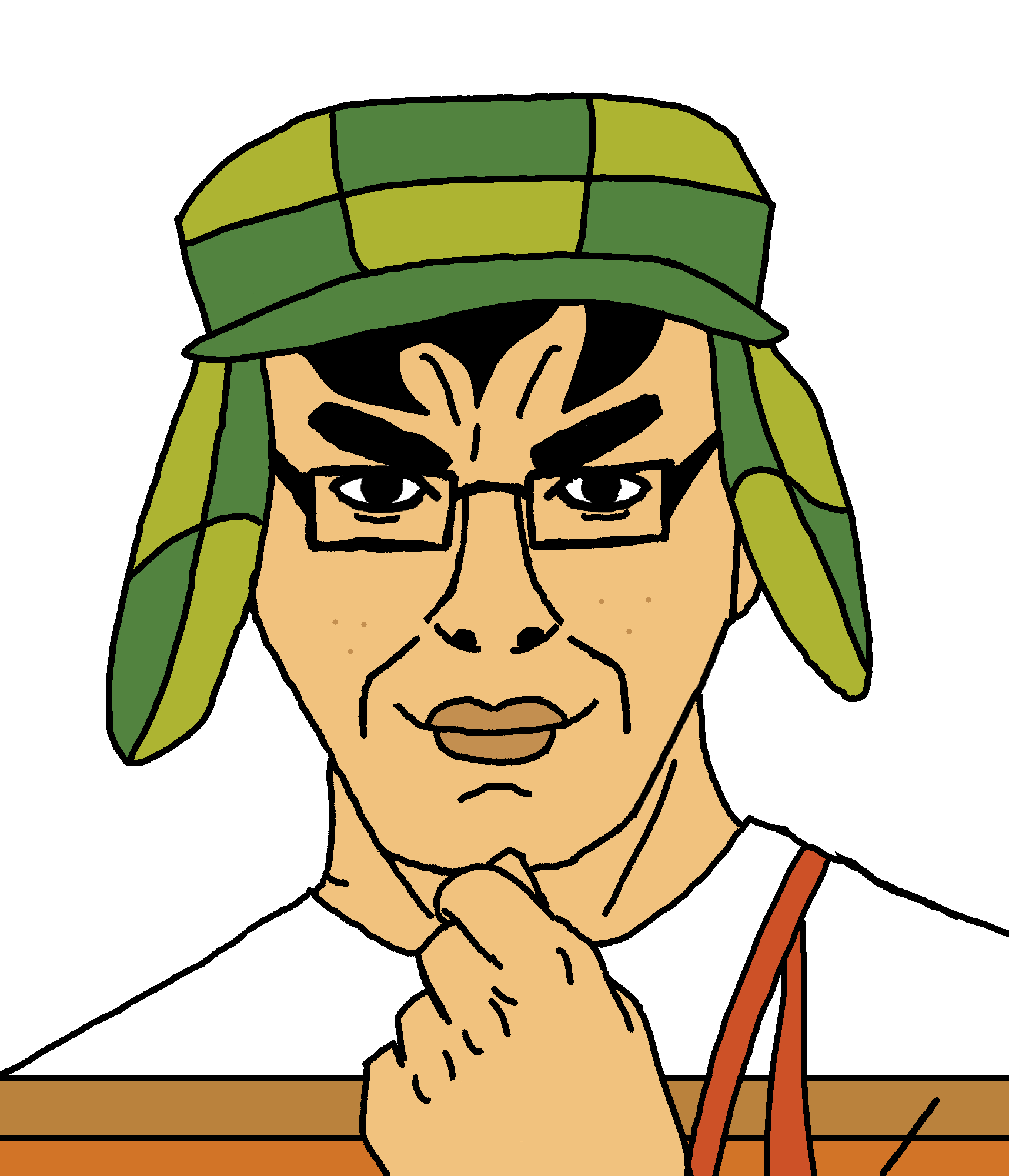 el chavo, chudjak, steve chuds, black eyes, bushy eyebrows, closed mouth, clothes, ear, fist, glasses
