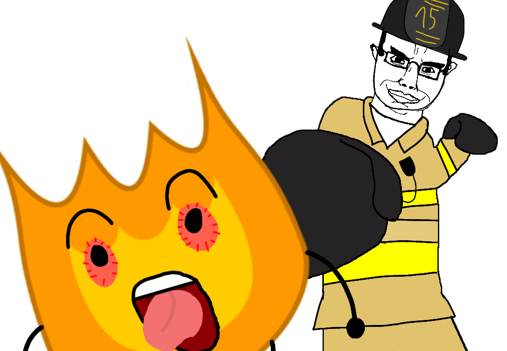 chudjak, chudjak front, ack, bloodshot eyes, boxing, clothes, firefighter, firey (bfdi), hanging, hat