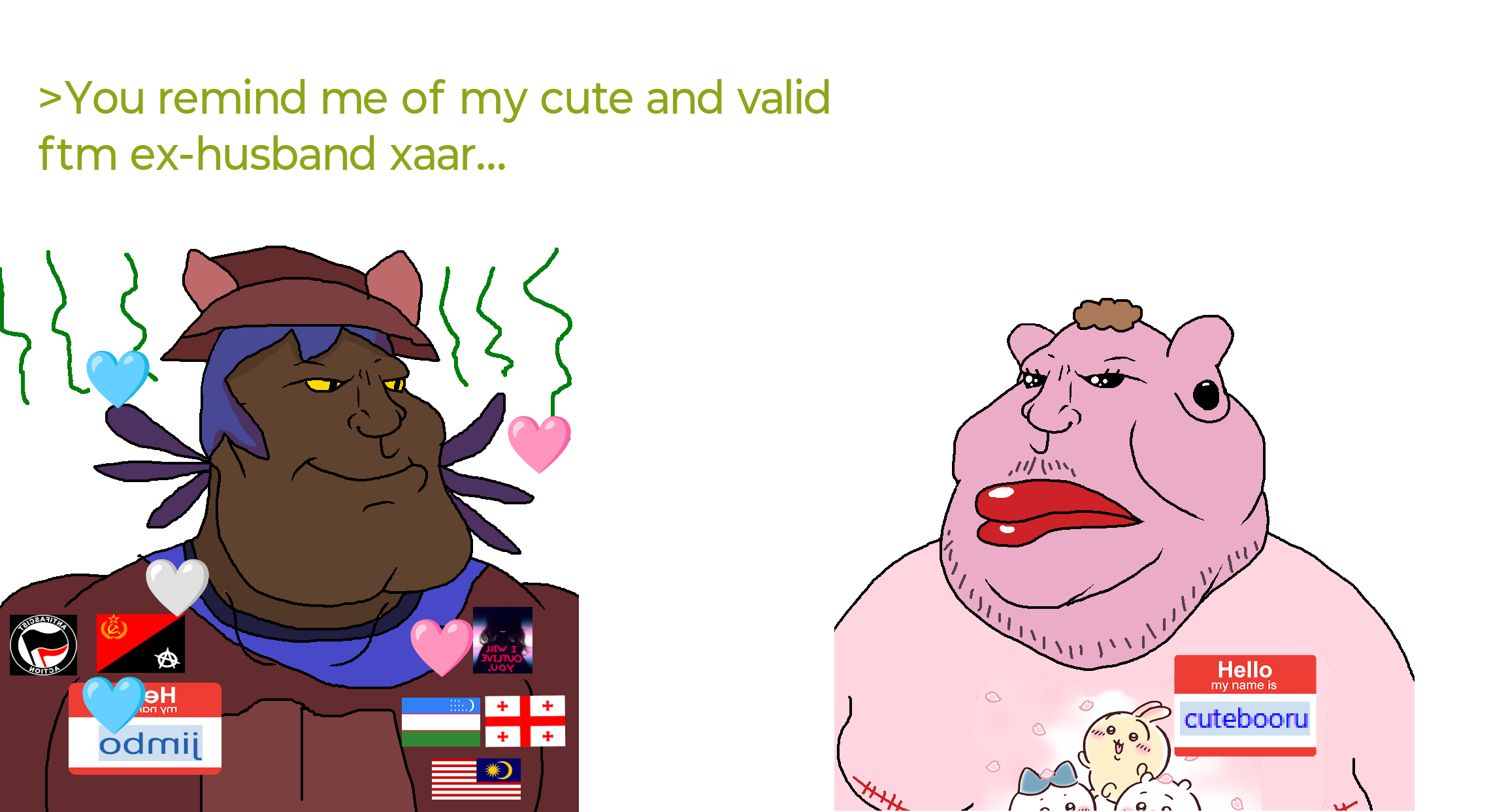 meximutt, mexiaryan, slopjak, anarchism, antifa, black skin, brown skin, greentext, heart, name tag