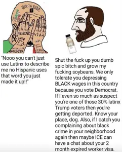 wojak, yes chad, brown hair, brown skin, drink, ear, gender-neutral language, glasses, hair, hands