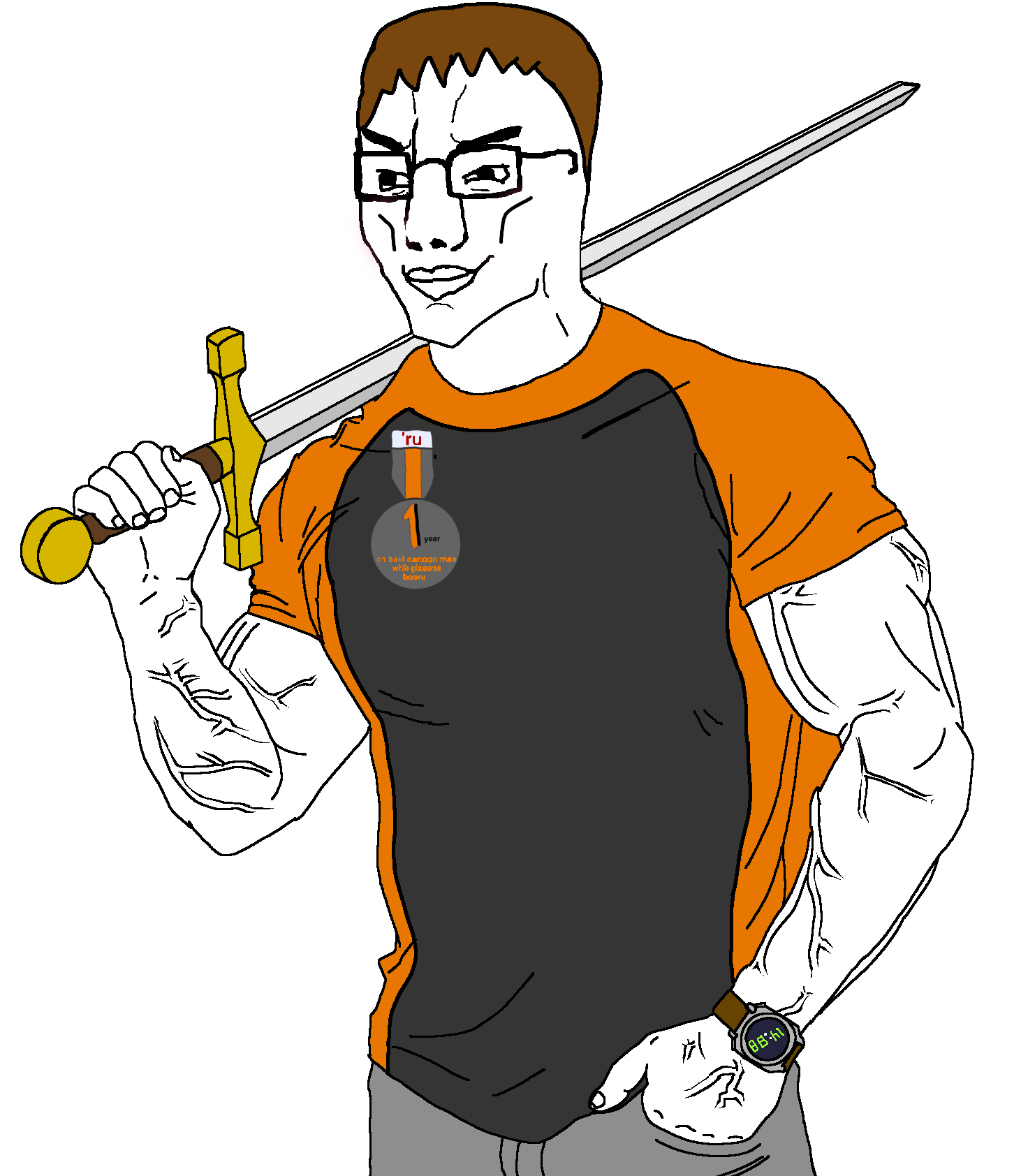 soyton, dan, chudjak, natejak, brown hair, buff, chud (soybooru), chud1, closed mouth, clothes