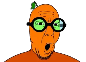 slatejak, bald, food, fruit, glasses, leaf, open mouth, orange (fruit), orange skin, soyjak