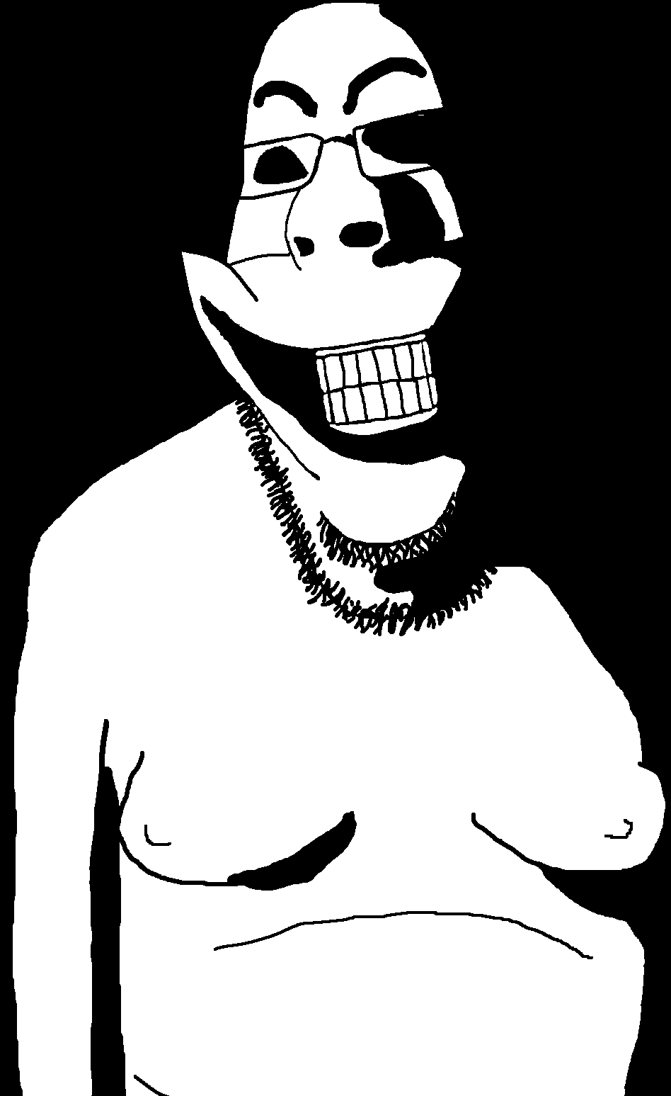 cobson, hornyson, skibidi soyjaks, black background, closed mouth, glasses, gums, horny, looking at you, open mouth