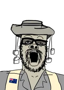 a24 slowburn soyjak, australia, australian, clothes, flag, glasses, gray skin, hat, mustache, open mouth