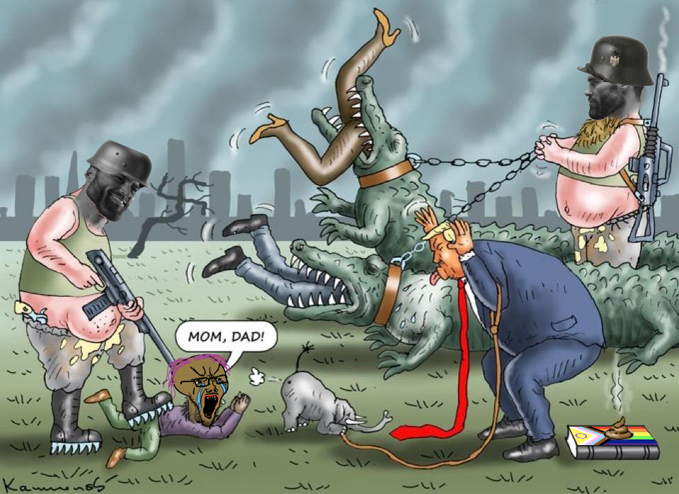 donald trump, gigachad, soyak, gigachaded, alligator, brown skin, comic, crying, full body, ice