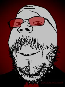 gapejak, mustached gapejak, beard, clothes, glasses, gray skin, happy, mustache, name, red background