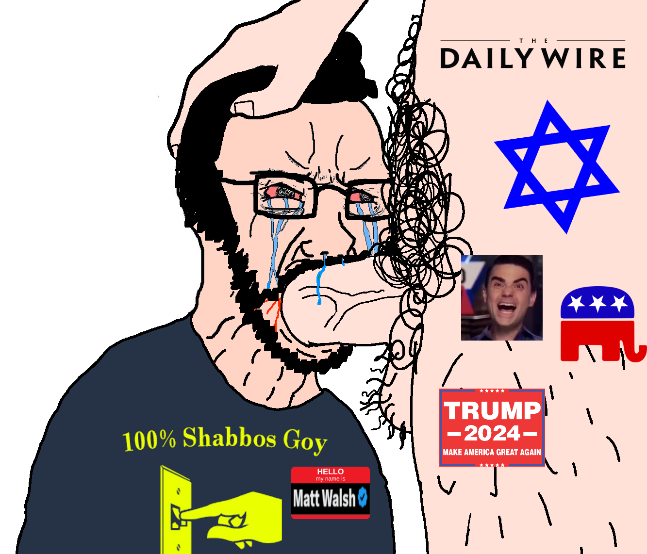 donald trump, soyak, blowjak, ben shapiro, blood, bloodshot eyes, blowjob, crying, glasses, hair