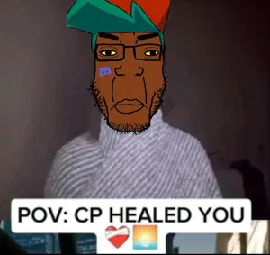 esl fnf pedo, chudjak, markiplier soyjak, chudplier, closed mouth, discord, discord logo facial mark, eyebrows, green hair, lips