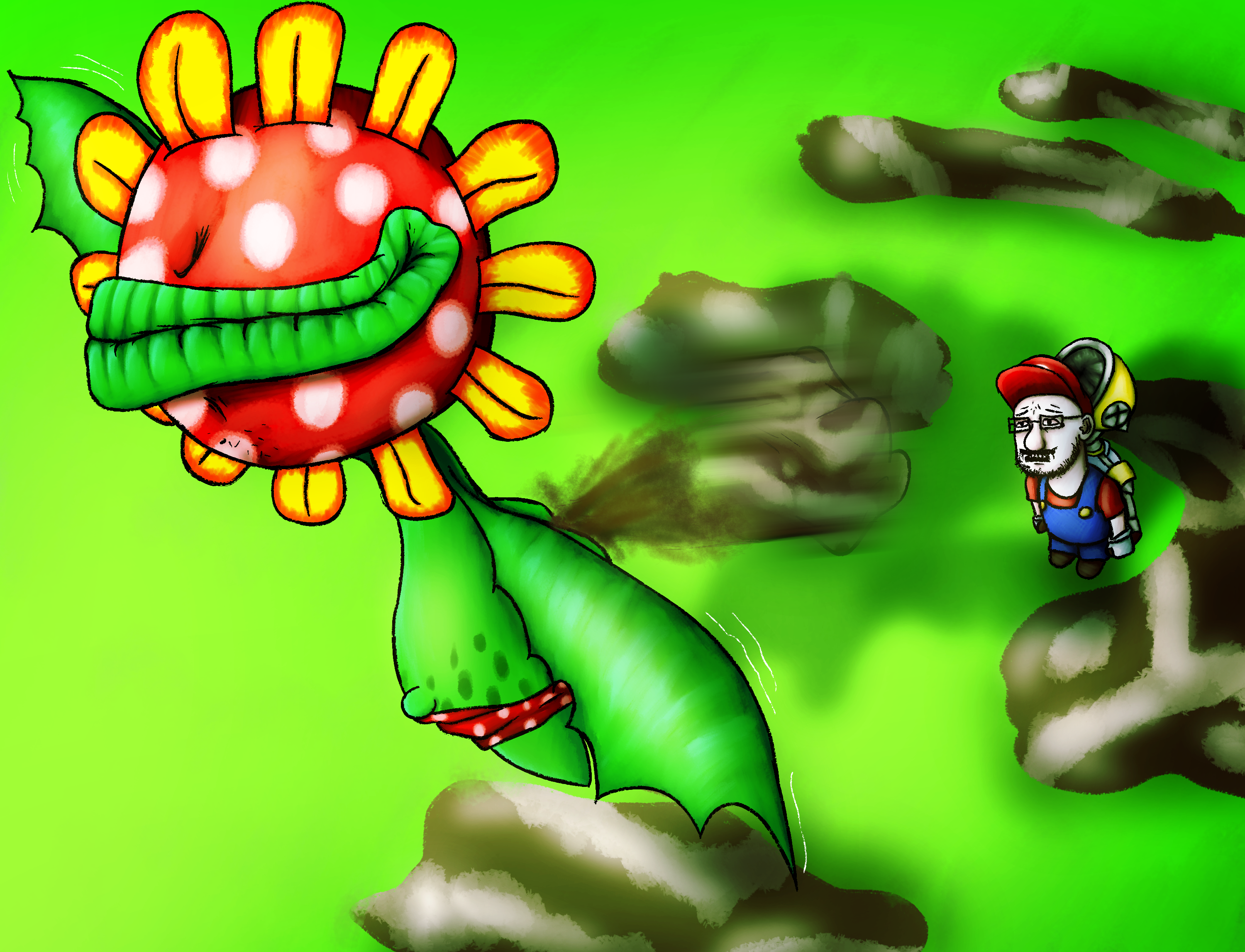 mario, mario (nintendo), petey piranha (nintendo), rotjak, arm, art, belly, belly button, cap, clothes