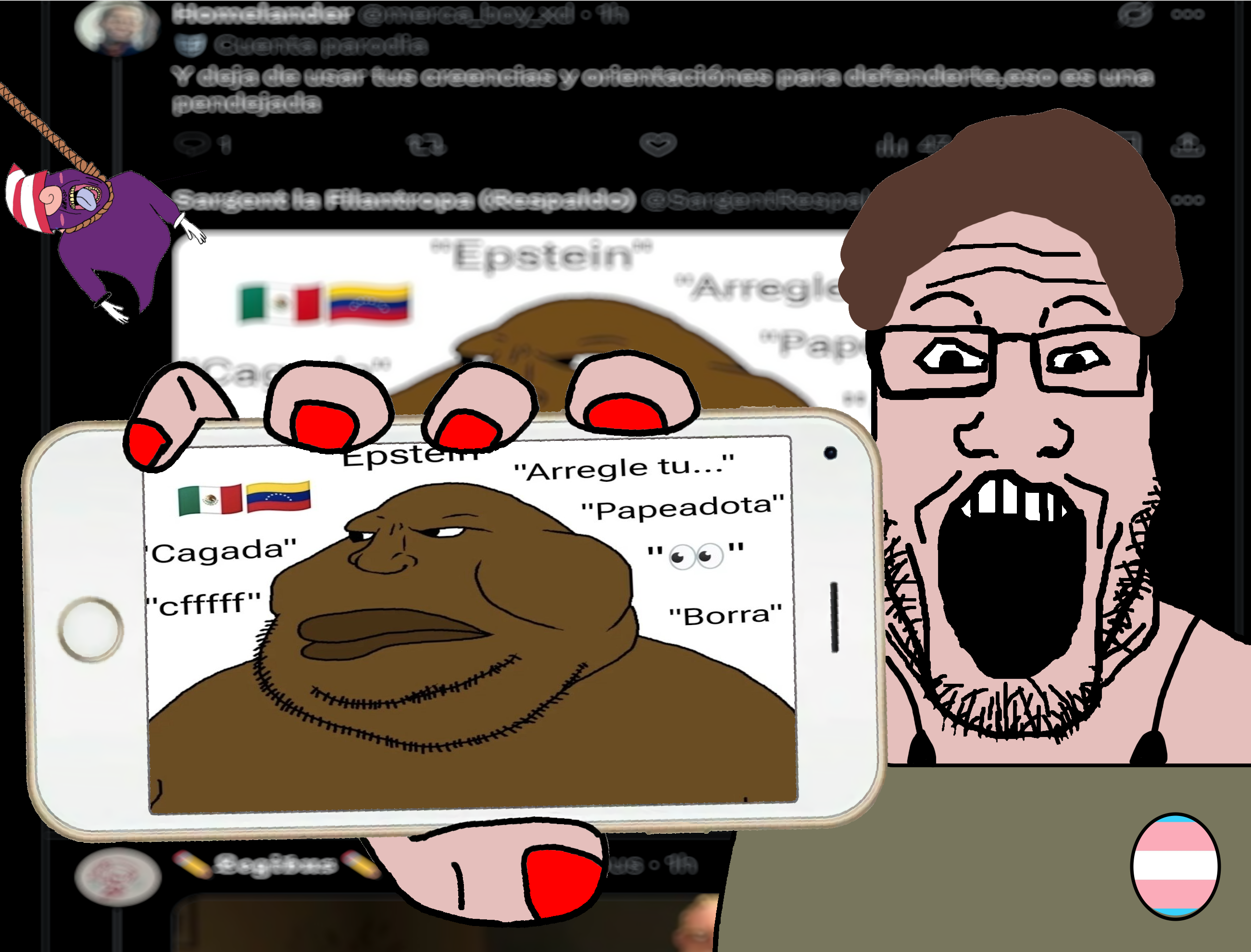vivian, bernd, markiplier soyjak, meximutt, hanging troonjak, troonjak, showing phone, ack, beard, bra