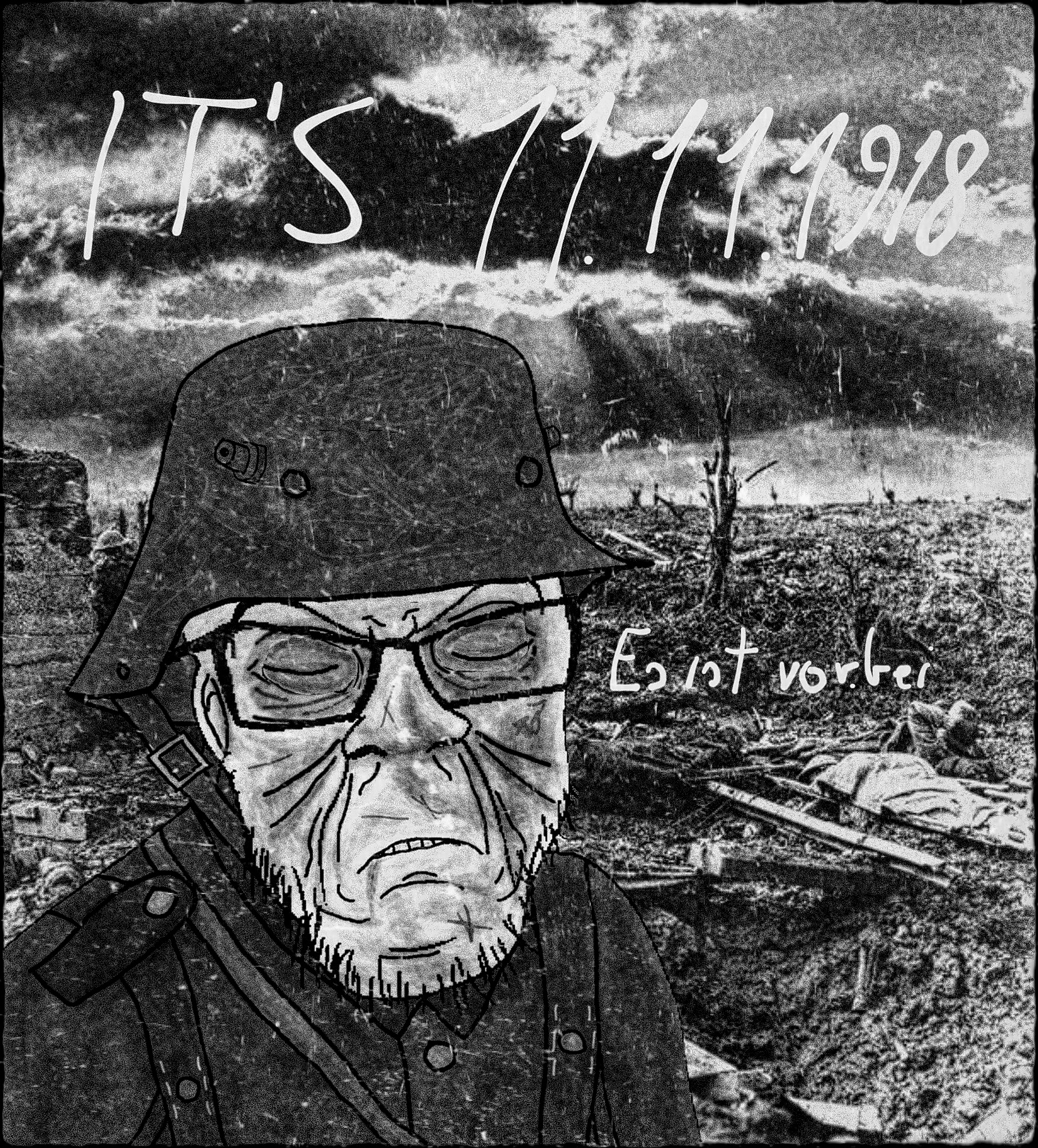 feraljak, its over, 1918, black and white, closed eyes, closed mouth, clothes, germany, glasses, hat
