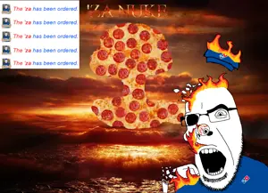 cobson, markiplier soyjak, blue shirt, clothes, dominos pizza, hat, pizza, truth nuke