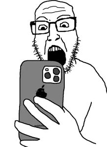 unknown, apple, bald, food, fruit, gaping mouth, glasses, holding object, holding phone, iphone
