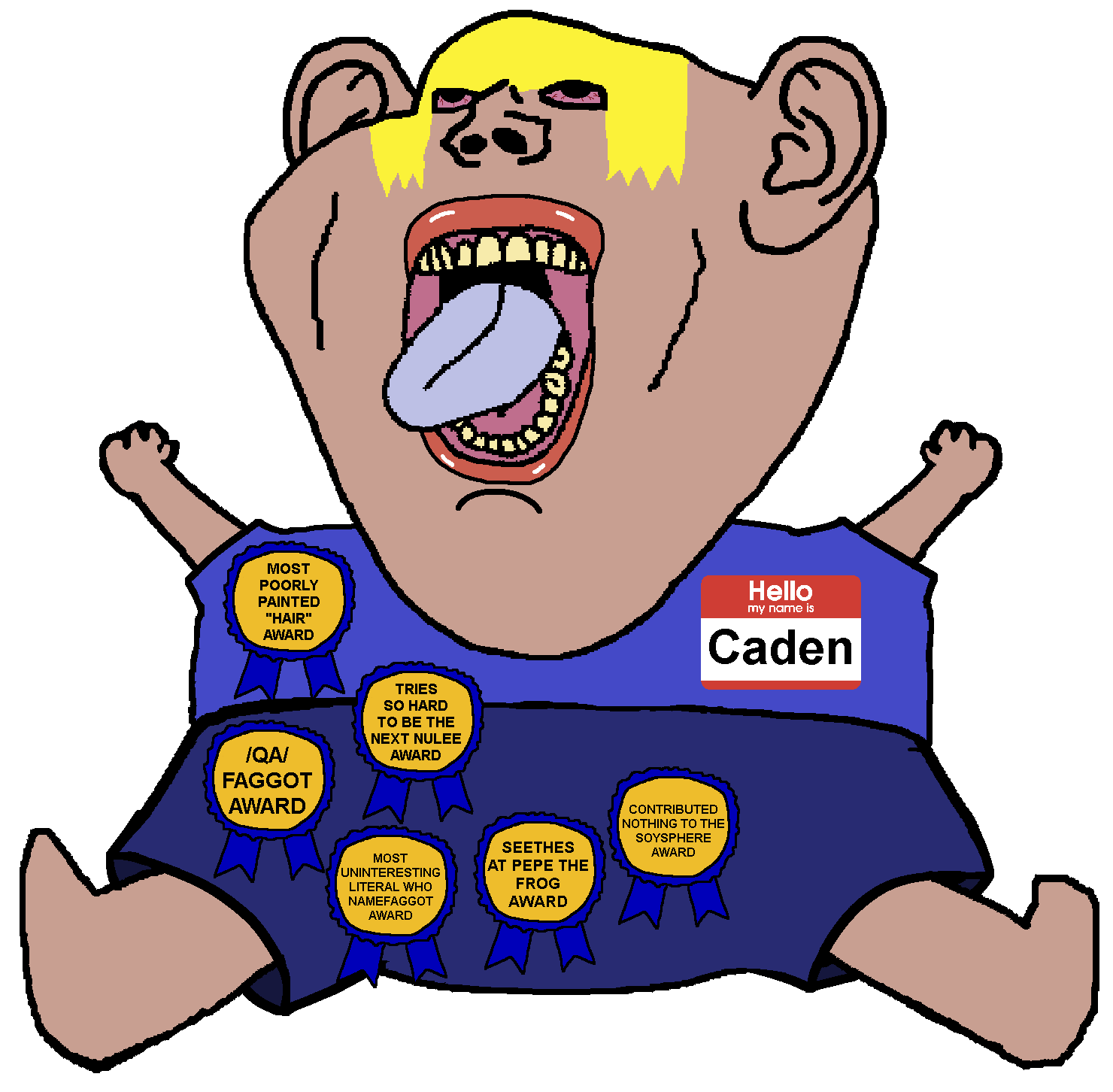 impish soyak ears, pissbaby, amerimutt, slopjak, /qa/ (soyjak.party), attention whore, award, awards, bloodshot eyes, blue pants