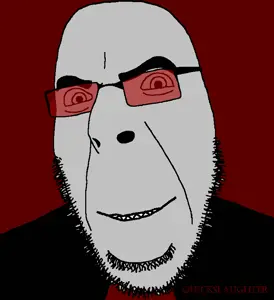 cobson, clothes, glasses, gray skin, happy, name, red background, red glasses, sharp teeth, smile