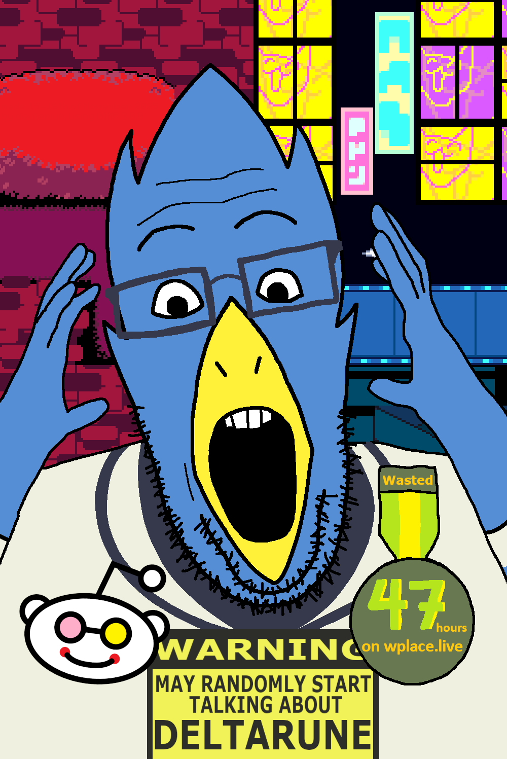 berdly (deltarune), spamton g. spamton, ppp, badge, beak, berdly (deltarune), blue skin, eyebrows, forehead lines, glasses