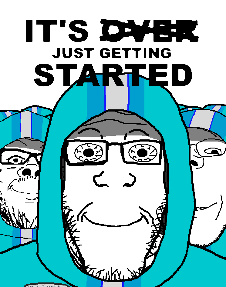 a24 slowburn soyjak, gapejak, markiplier soyjak, wholesome soyjak, its over, 3soyjaks, blue clothes, closed mouth, crazed, eyebrows