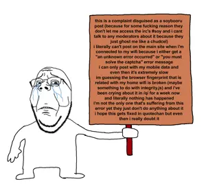 gapejak, crying, glasses, holding object, sign, stubble, text, wordswordswords