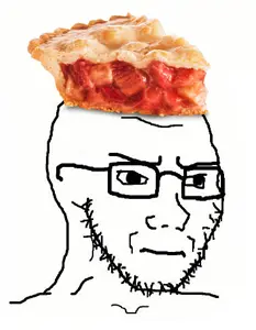 soyak, soyak (irritated), closed mouth, clothes, concerned, food, frown, glasses, hat, pie