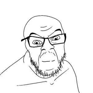 feraljak, closed mouth, glasses, retard, smile, soyjak, stubble