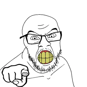 feraljak, angry, animated, bald, bushy eyebrows, closed mouth, glasses, hands, pointing, soyjak