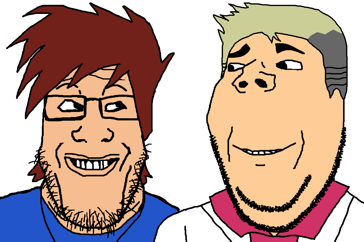 gapejak, markiplier soyjak, wholesome soyjak, are you soying what im soying, 2soyjaks, blonde hair, brown hair, clothes, gary oak, glasses