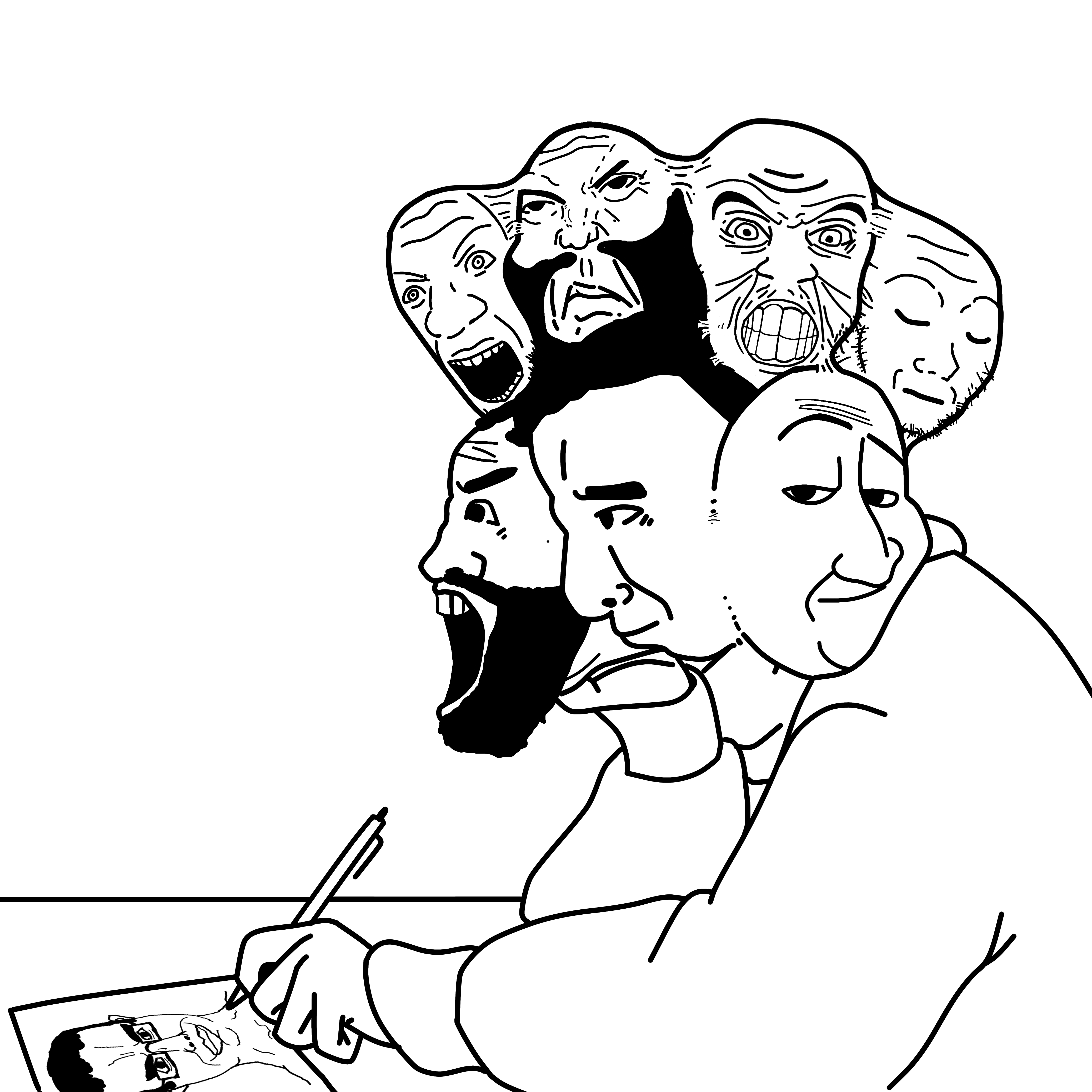 chudjak, feraljak, markiplier soyjak, smugjak, soyak, science lover, closed eyes, closed mouth, drawing, eyes